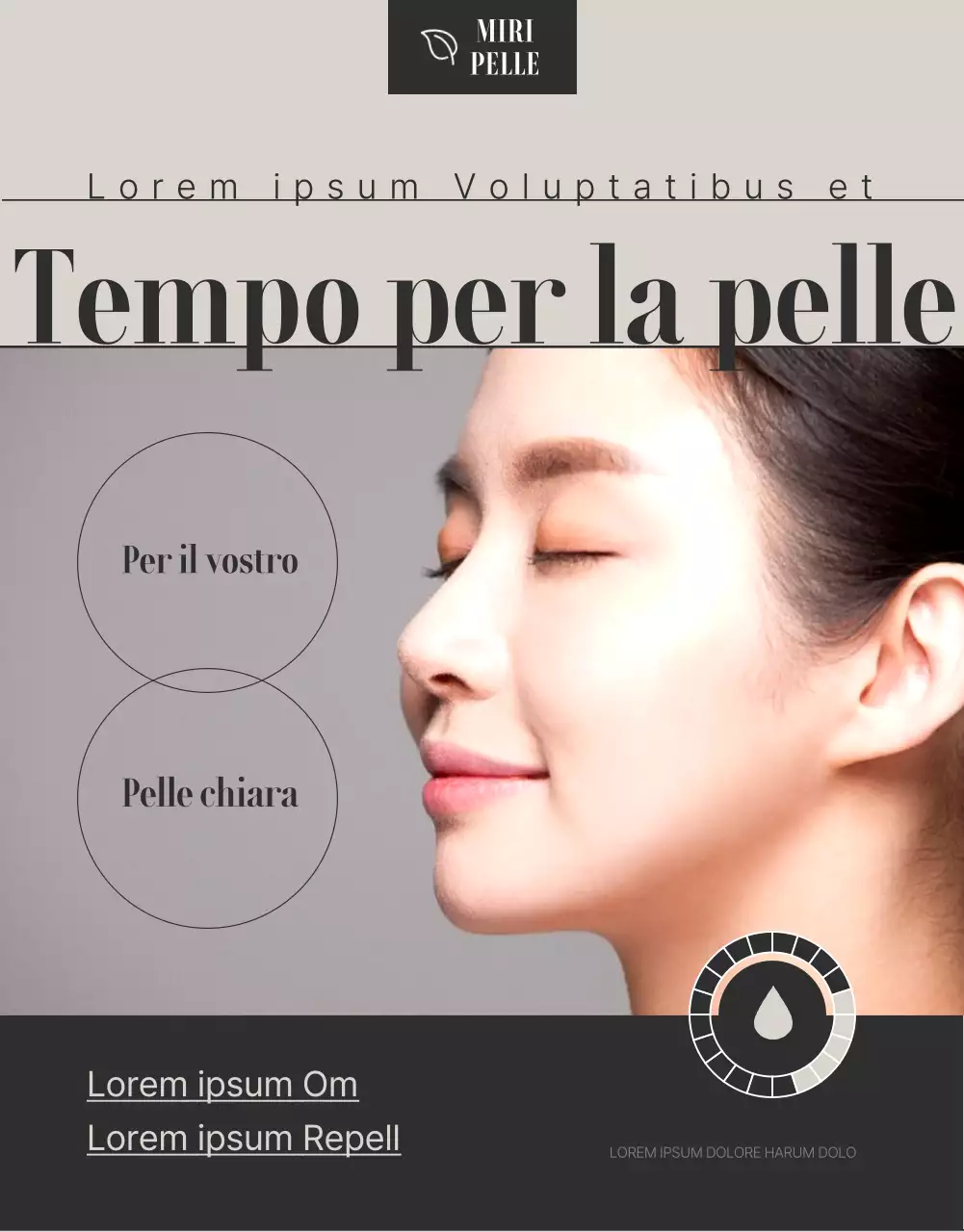 Pubblicità che promuove procedure cosmetiche dermatologiche in marrone e nero.