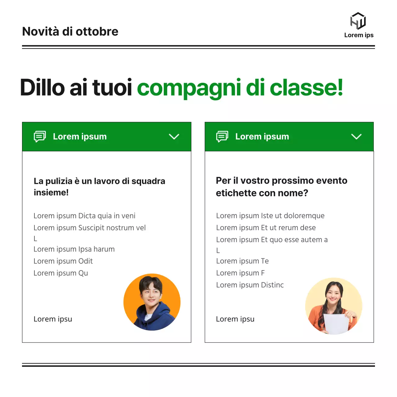 La newsletter mensile di un dipartimento universitario di bachelor con un blog carino, ordinato e semplice in verde e arancione e illustrazioni monotone di Notion.