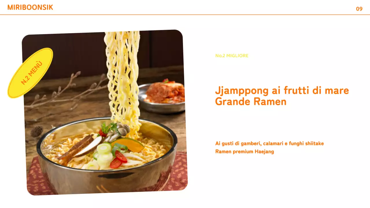 Profilo dell'azienda di catering con accenti di colore arancione e giallo e layout delle foto