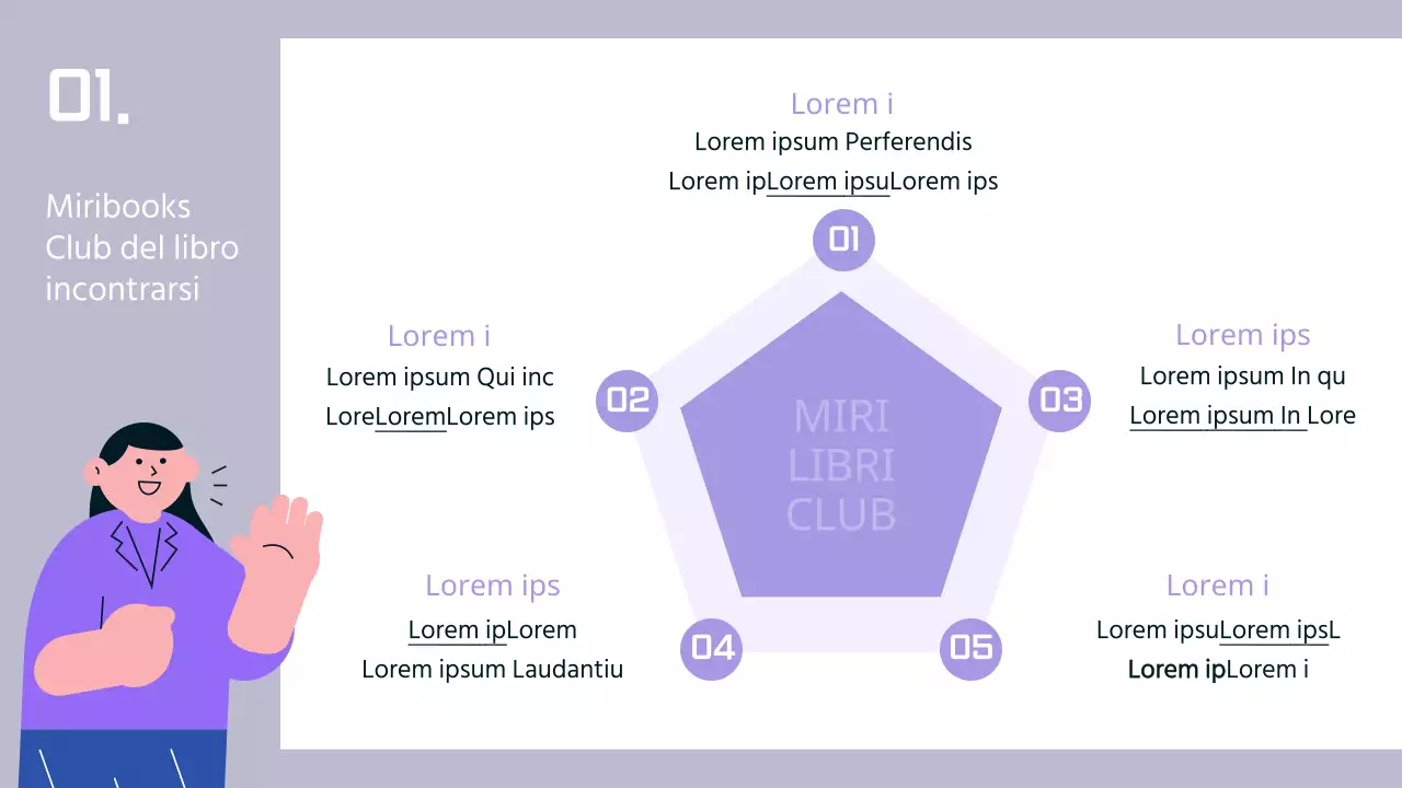 Un tema di libreria con illustrazioni umane su un semplice sfondo viola e blu.