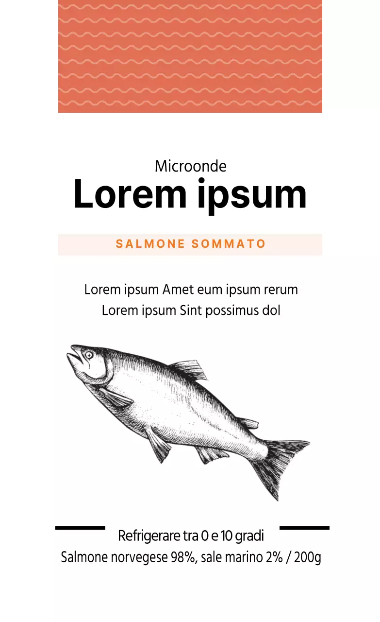 Etichetta illustrata arancione per il confezionamento di salmone affumicato