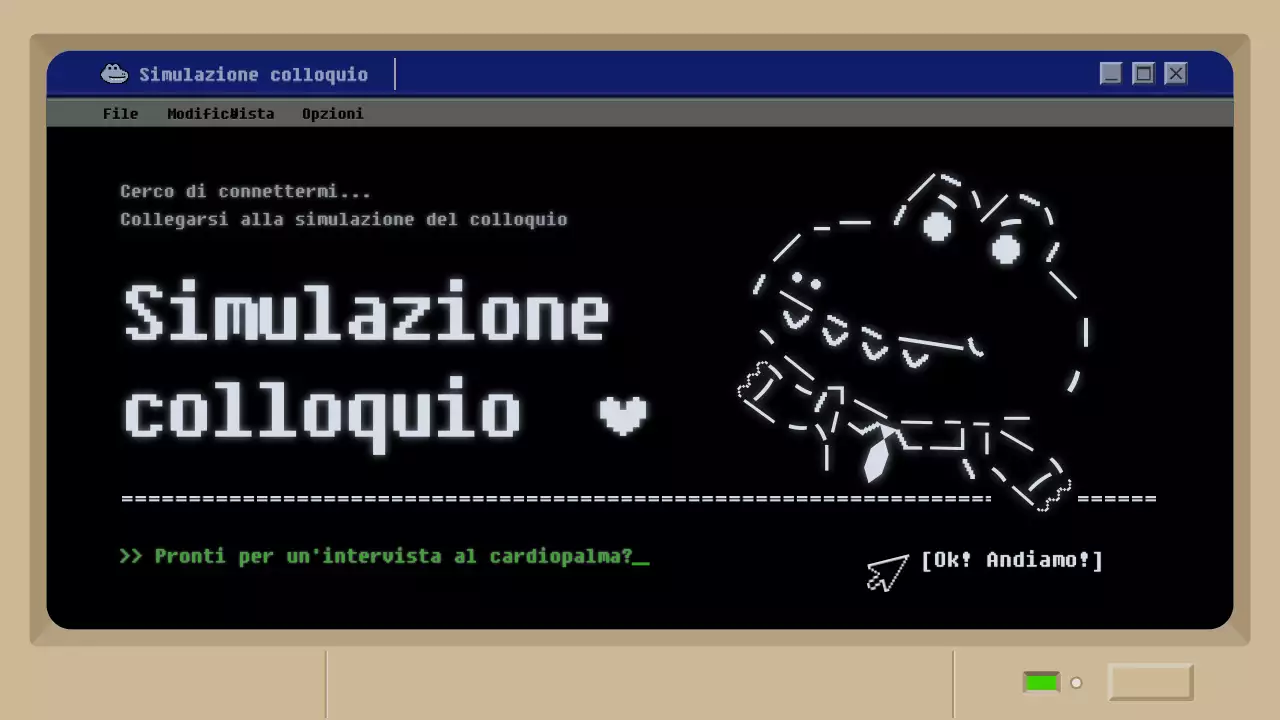 Simulazione di colloquio di lavoro con un concetto di gioco retro mud nero