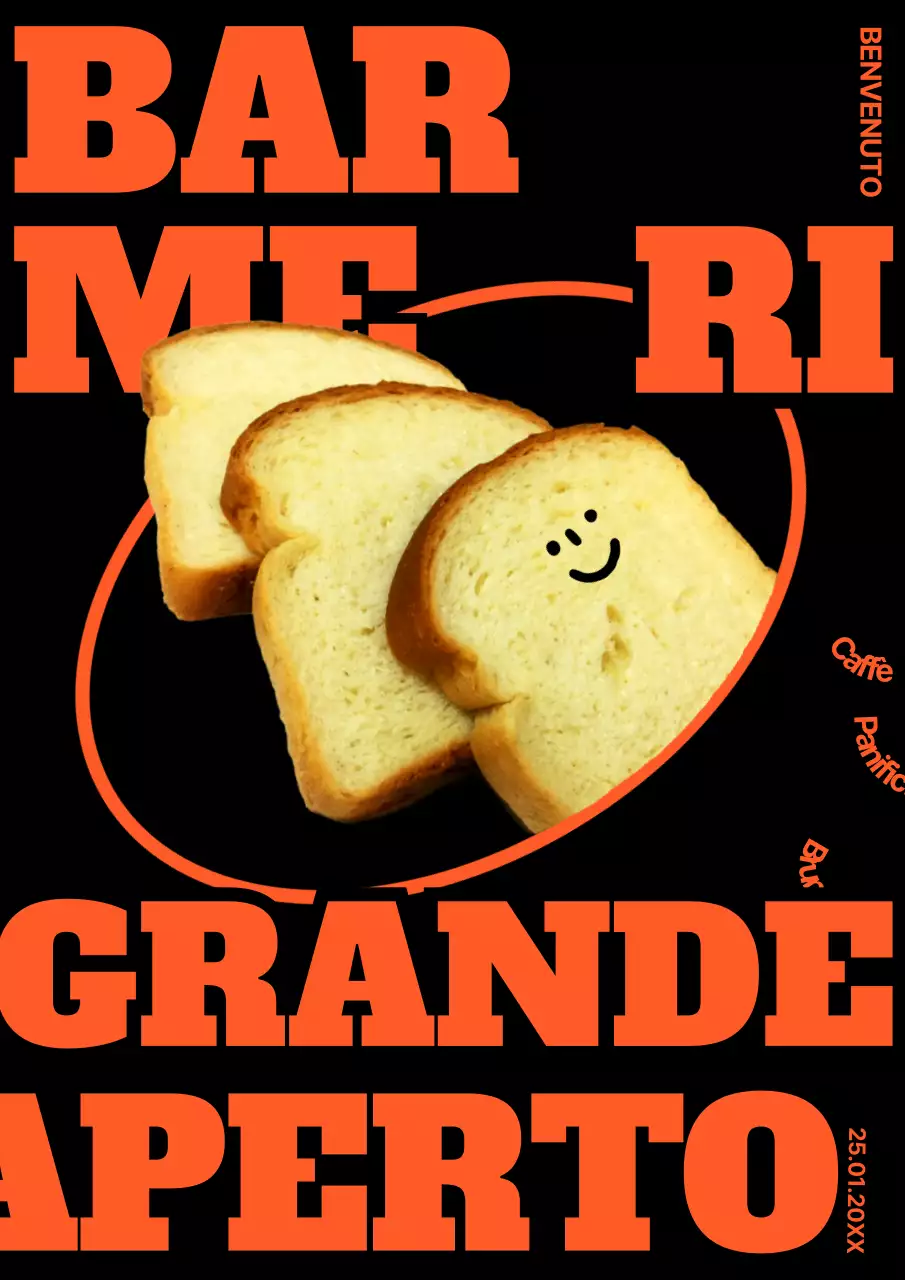 Apertura di una panetteria alla moda in nero e arancione neon (poster web verticale)