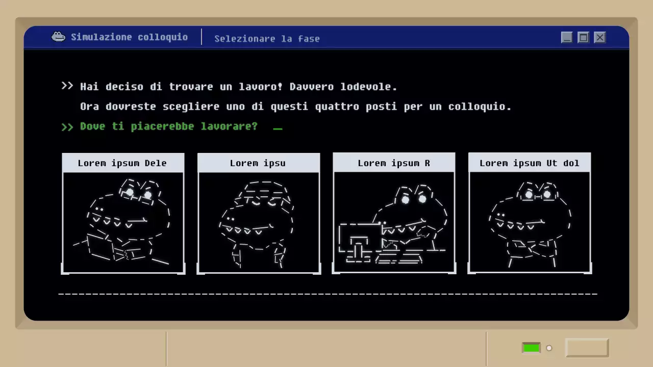 Simulazione di colloquio di lavoro con un concetto di gioco retro mud nero