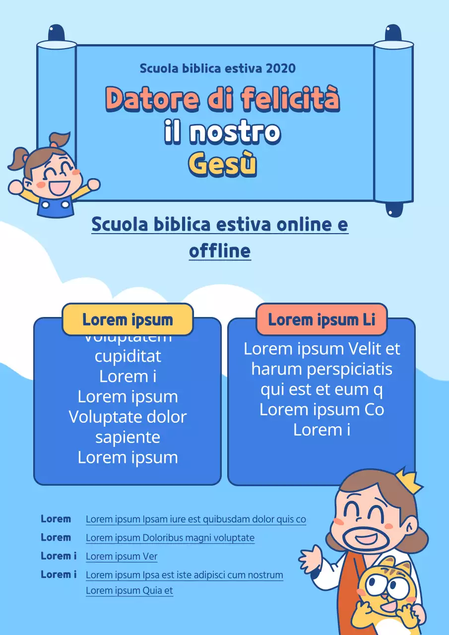 Promuovere una scuola biblica online con illustrazioni di personaggi su uno sfondo blu dell'oceano.