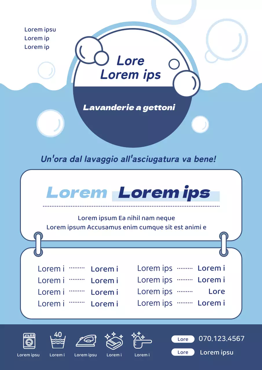 L'illustrazione blu promuove una lavanderia a gettoni pulita