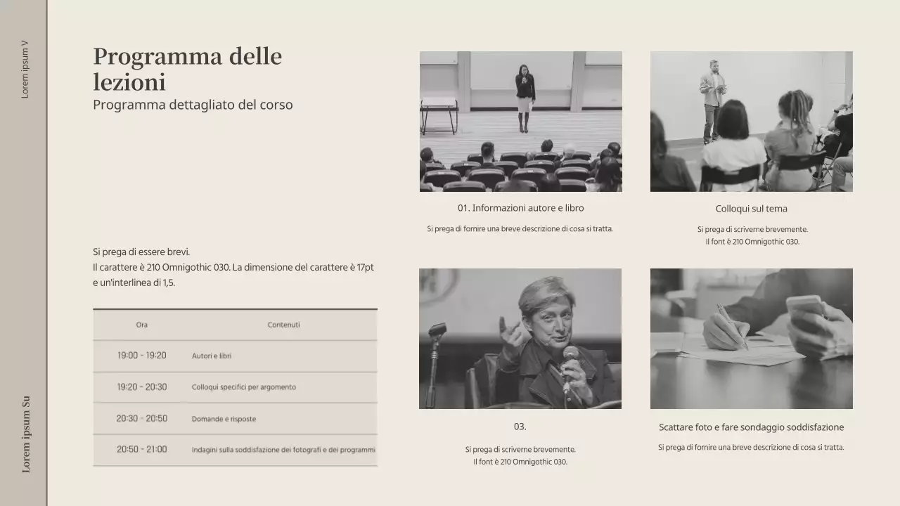 Proposta di una conferenza per gli ospiti in una libreria beige e grigia