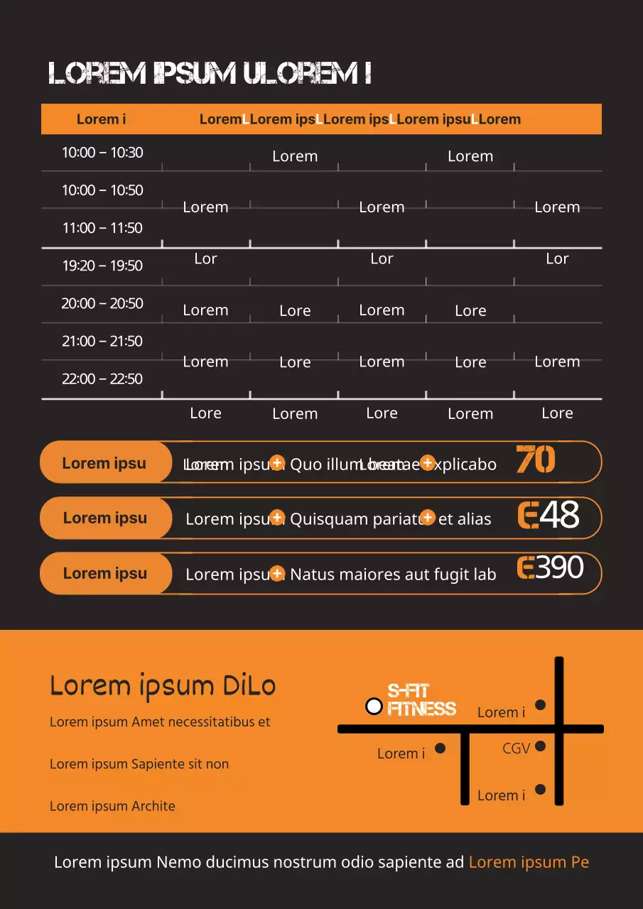 Promuovete la vostra palestra con un orario arancione e nero e una guida agli eventi