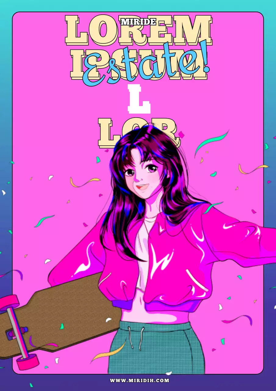 Illustrazione di una ragazza che cavalca una tavola pop città in cielo blu colorato