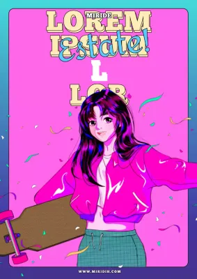 Illustrazione di una ragazza che cavalca una tavola pop città in cielo blu colorato