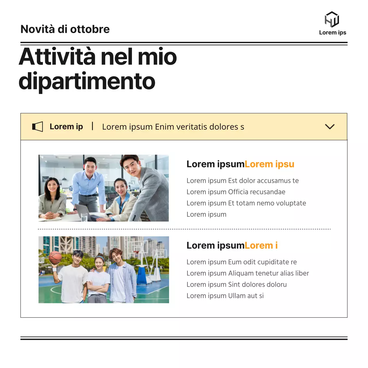 La newsletter mensile di un dipartimento universitario di bachelor con un blog carino, ordinato e semplice in verde e arancione e illustrazioni monotone di Notion.