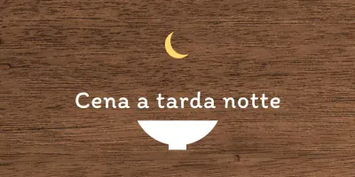 Una semplice insegna di ristorante notturno con testo bianco e giallo e un'illustrazione di una luna a scodella.
