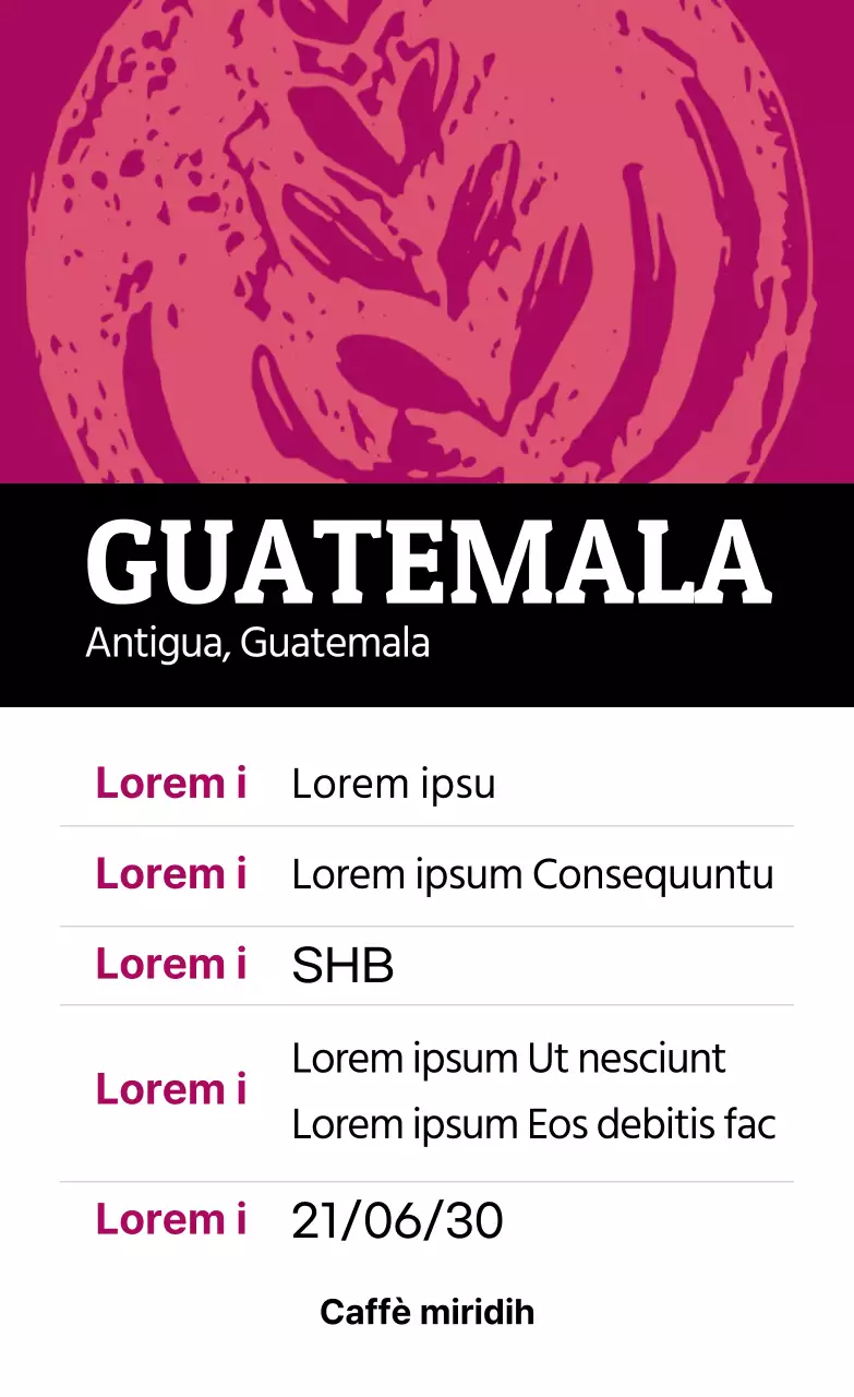 Etichetta di caffè in grani vintage illustrata e colorata Guatemala