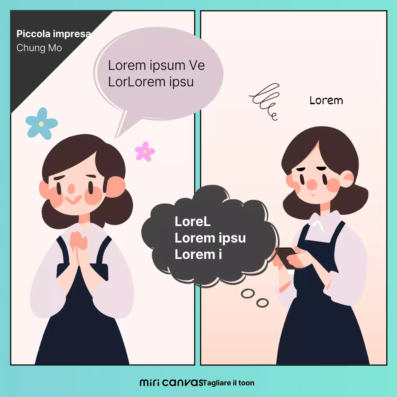 Promuovete una pre-canapa in stile webtoon con uno sfondo color menta e illustrazioni