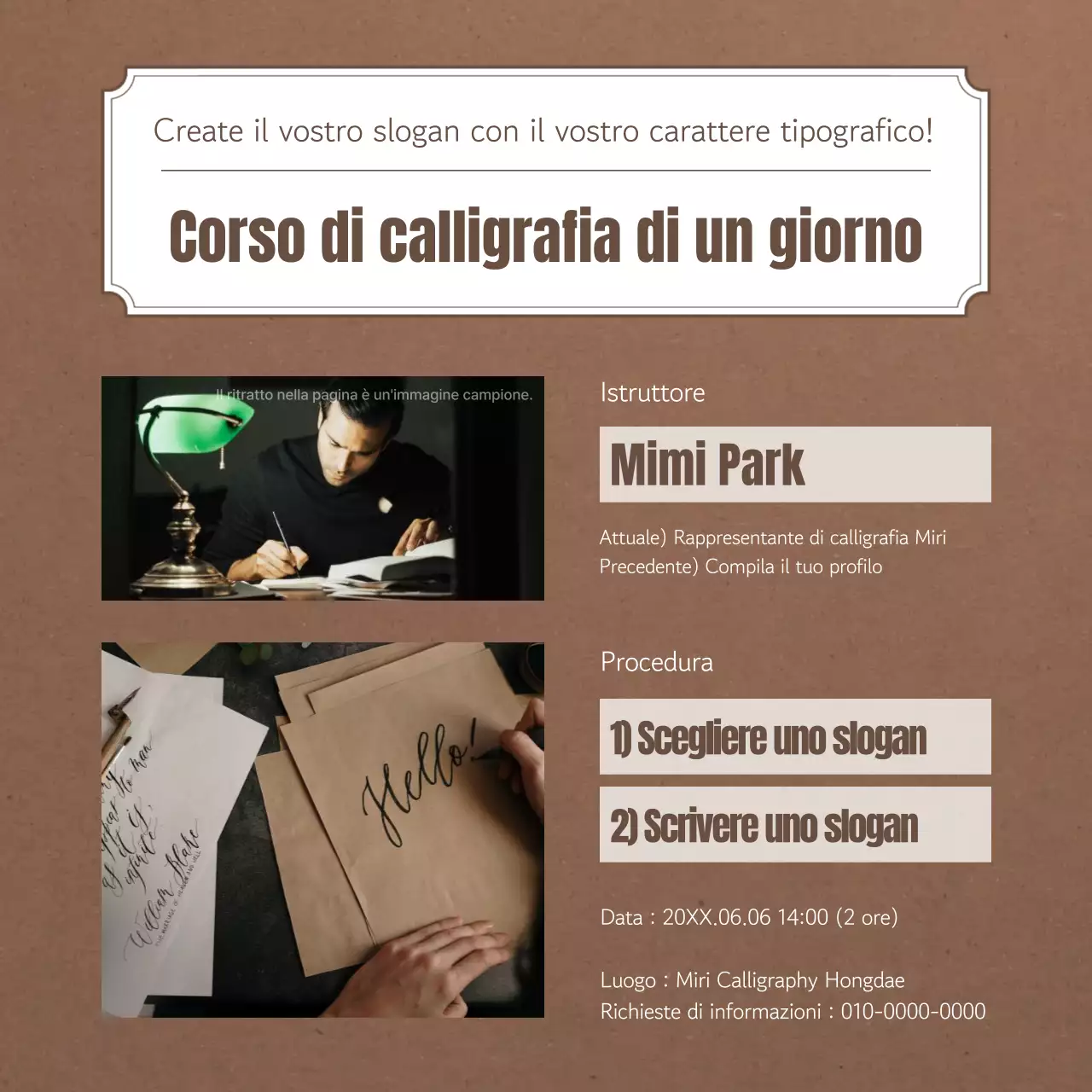 Calligrafia con etichette vintage in carta marrone annuncio di corso di un giorno