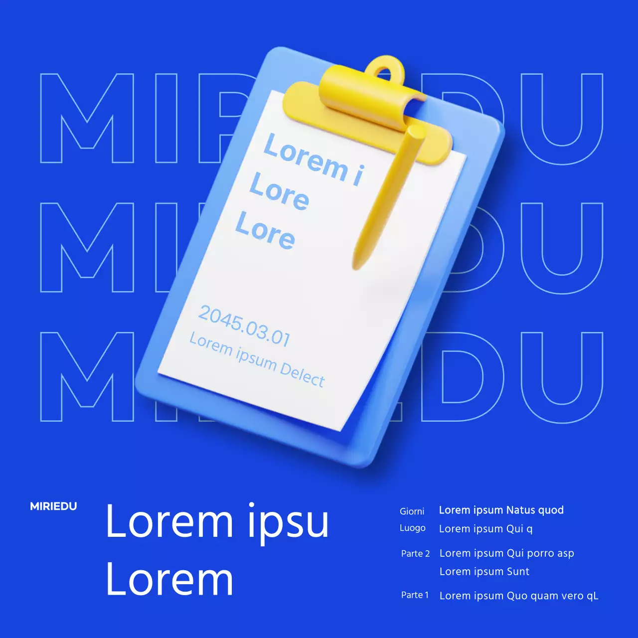 Briefing di revisione in classe di colore blu, puliti e con accenti grafici.