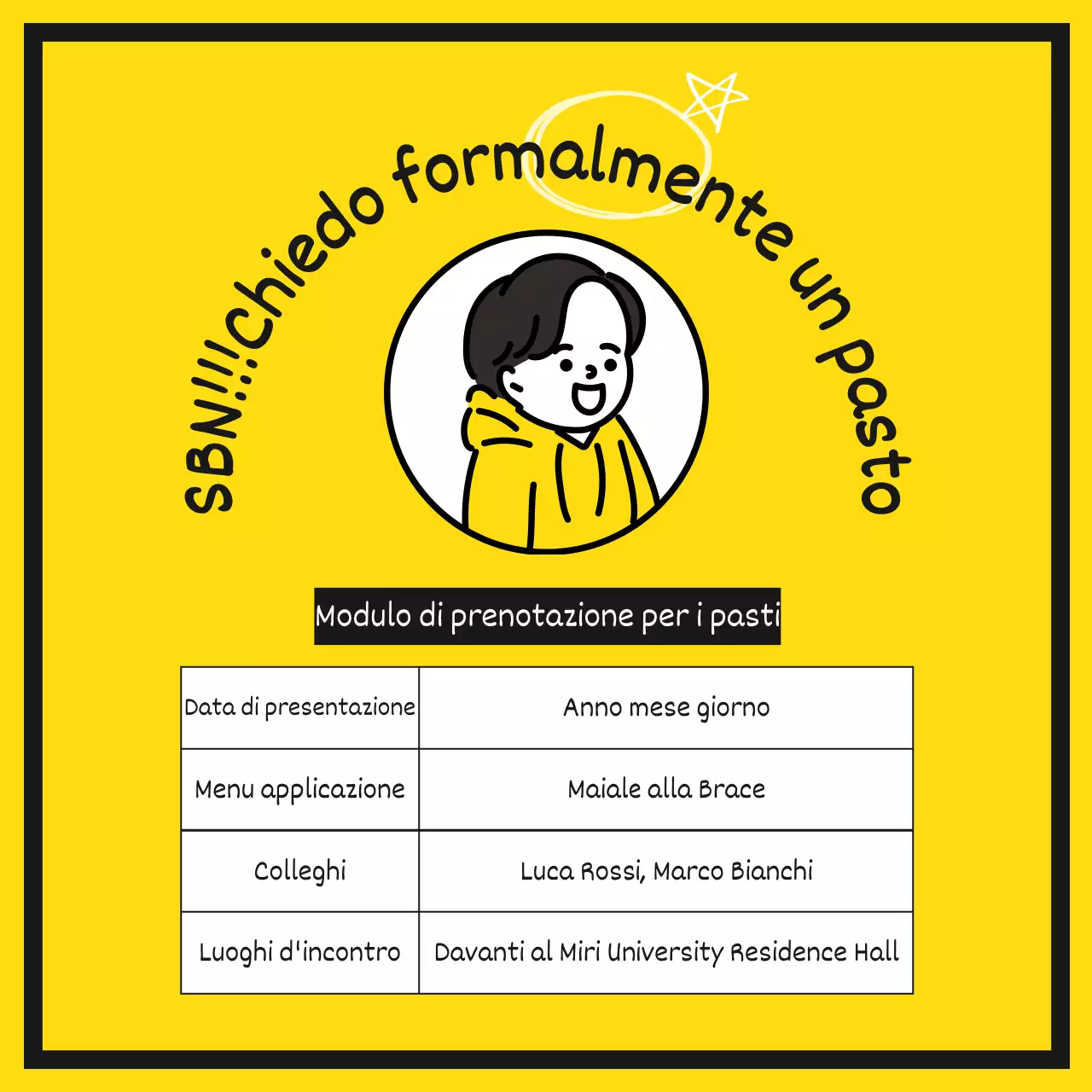 Un modulo di richiesta pasti carino, giallo e divertente