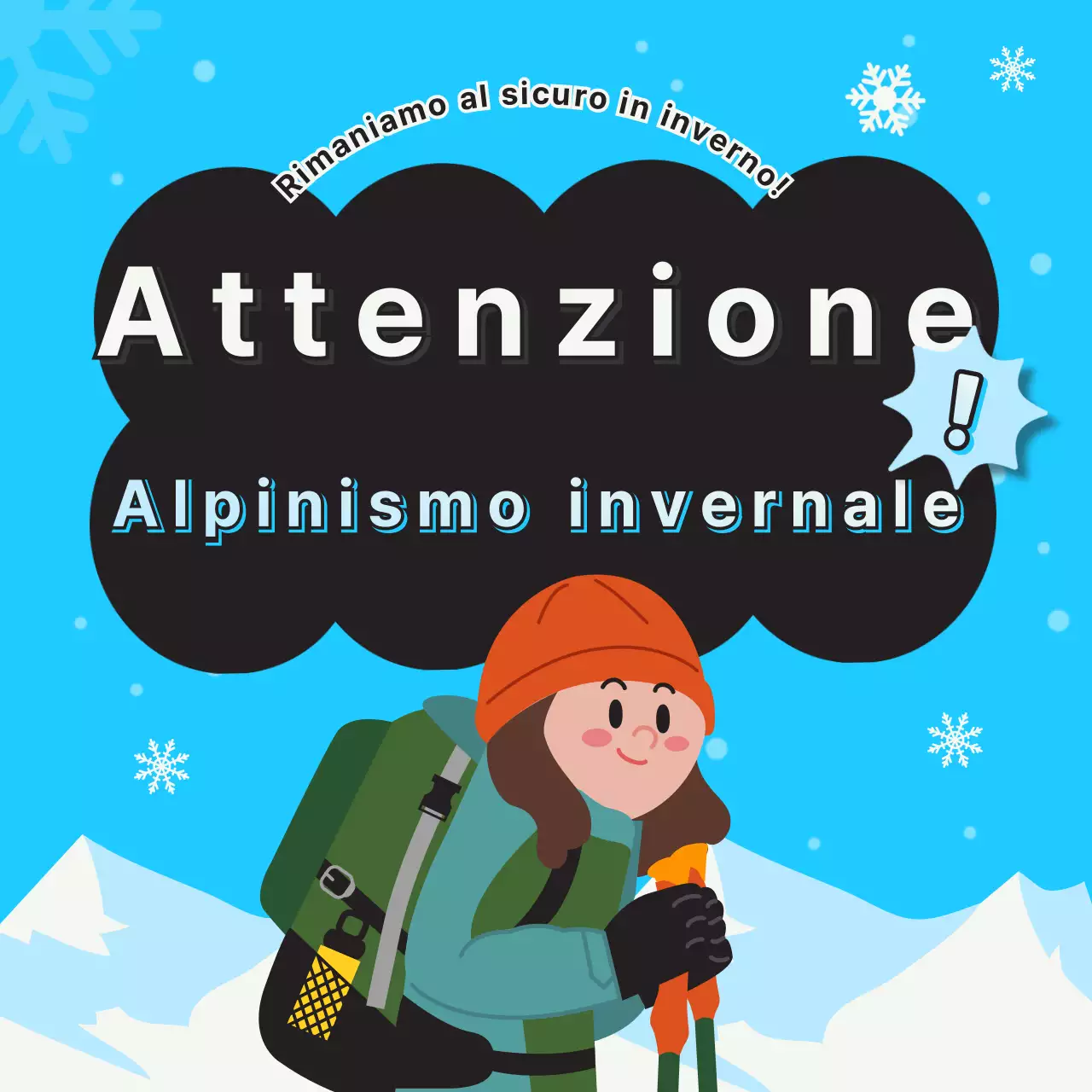 Illustrazione di un'escursione invernale sicura con sfondo azzurro (post su Instagram)