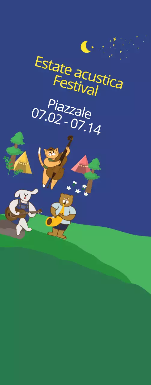 Stile illustrativo carino in blu scuro e giallo per informazioni e promozione di festival acustici estivi