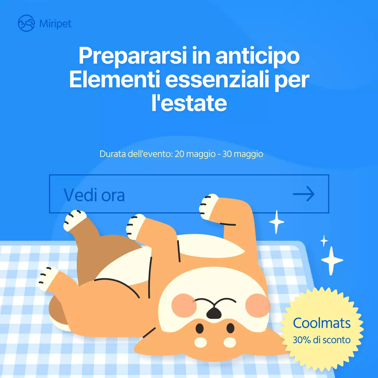 illustrazione blu petfair forniture estive per cani social media square