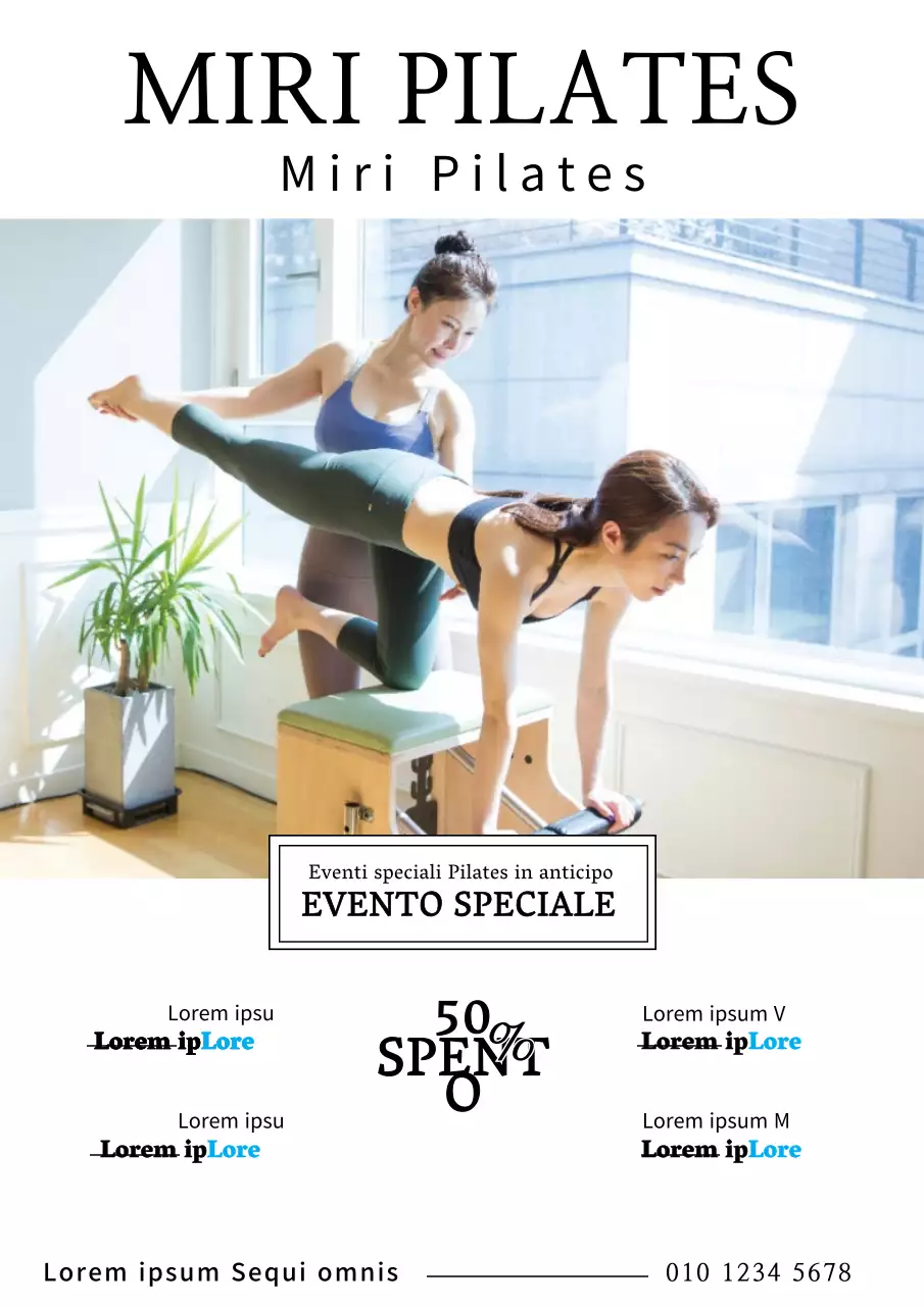 Semplice promozione di sconti scolastici con una foto in bianco e nero di uno studente che fa Pilates