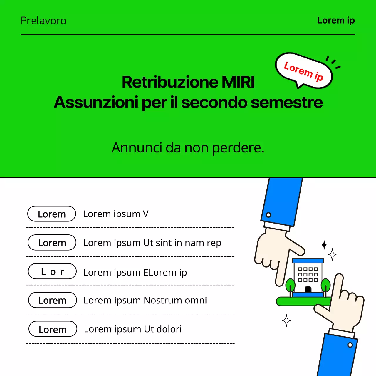 Annunci di lavoro di aziende IT con simpatiche e semplici illustrazioni aziendali in azzurro e chartreuse.