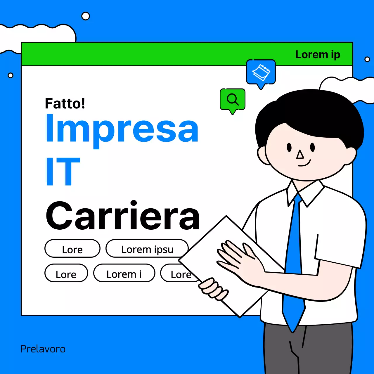 Annunci di lavoro di aziende IT con simpatiche e semplici illustrazioni aziendali in azzurro e chartreuse.