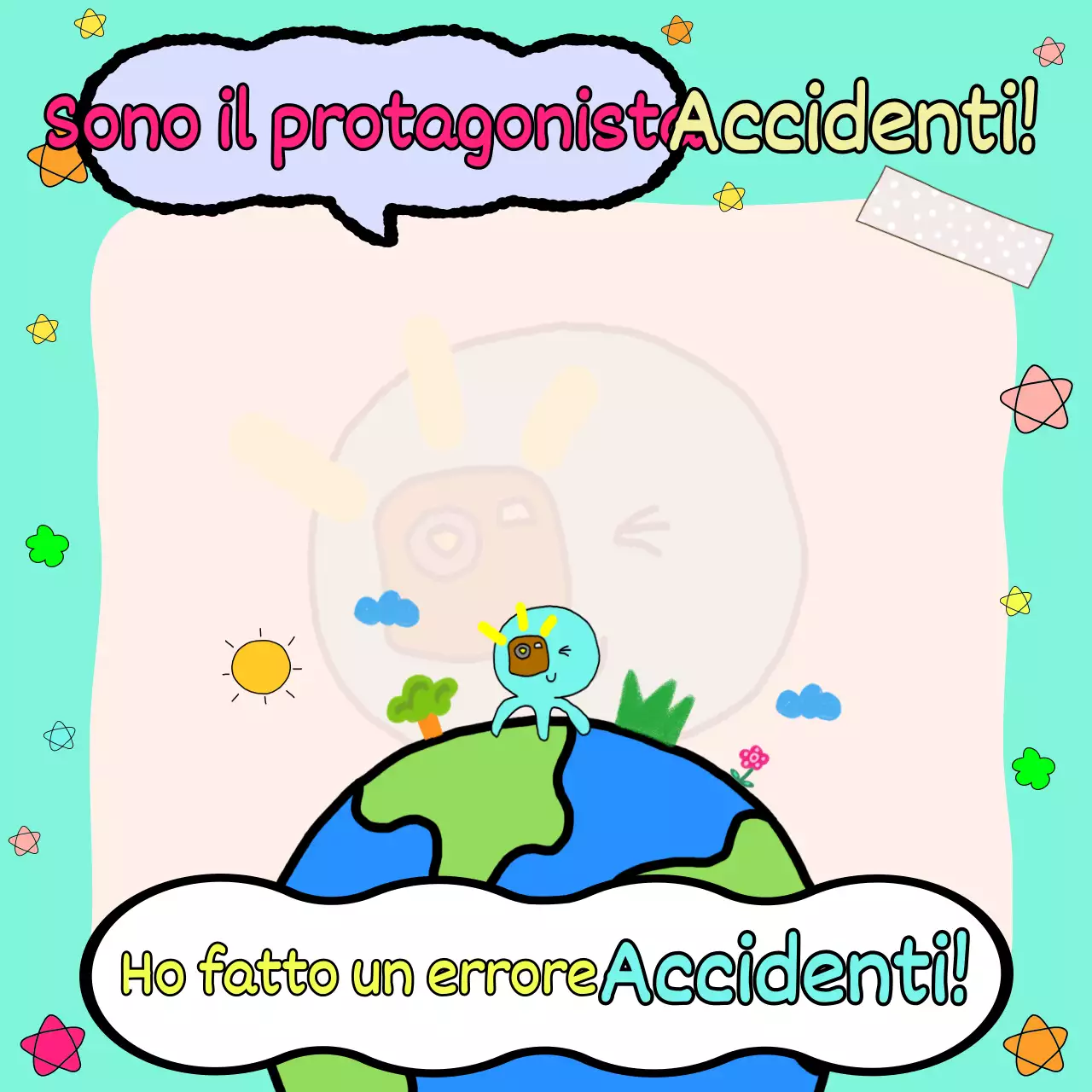 Un divertente scarabocchio di mochi con uno sfondo color menta e un personaggio a forma di polipo azzurro.