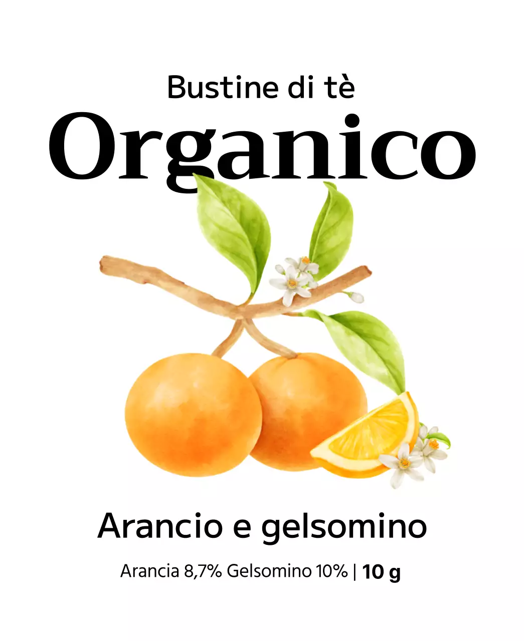 Bustine di tè biologico alla frutta con illustrazioni di frutta ad acquerello