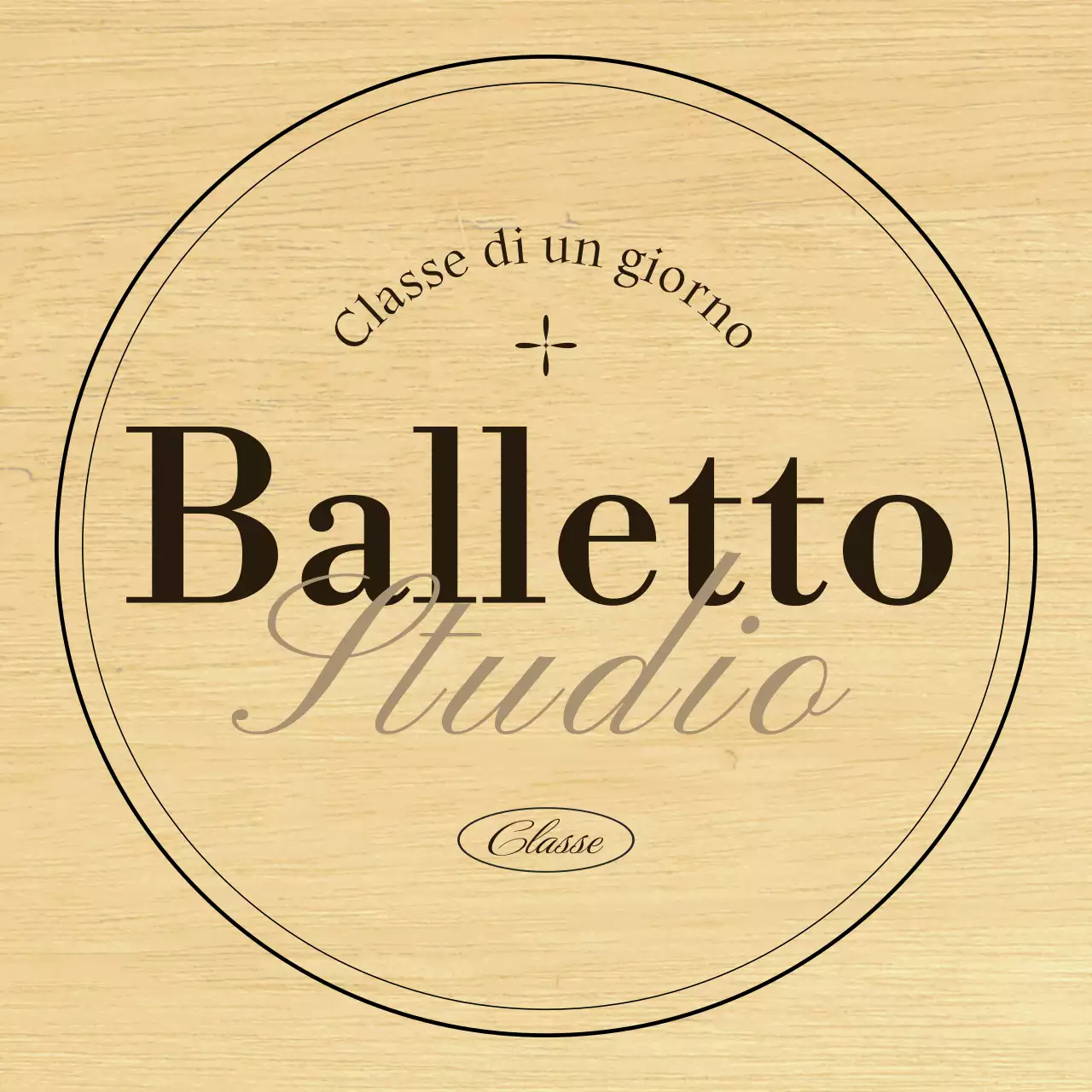 Classica insegna di una scuola di danza classica con testo e illustrazioni in nero e marrone.