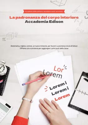 Promuovete la vostra scuola con foto di diversi strumenti di scrittura in rosso e nero.