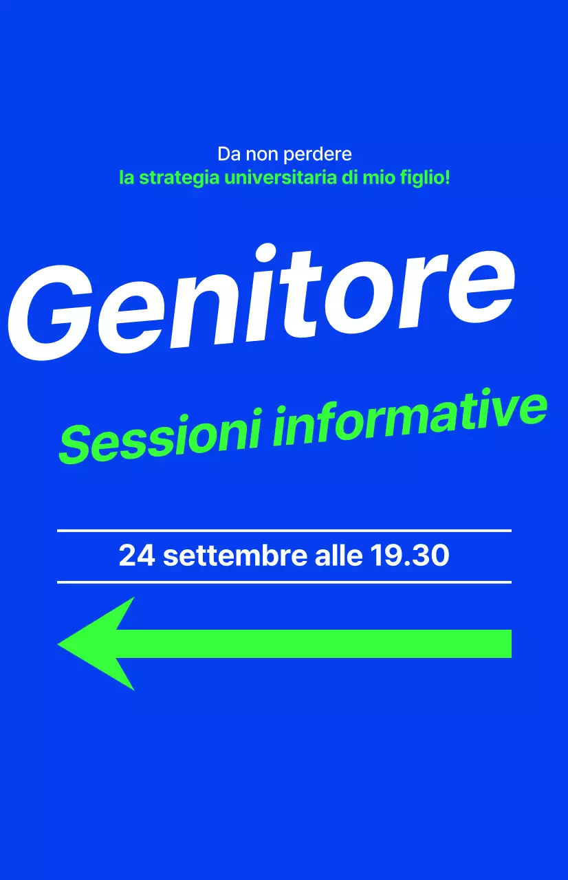 Sessione informativa per i genitori di un'accademia per studenti delle scuole superiori, con testo evidenziato in blu e colori fluorescenti.