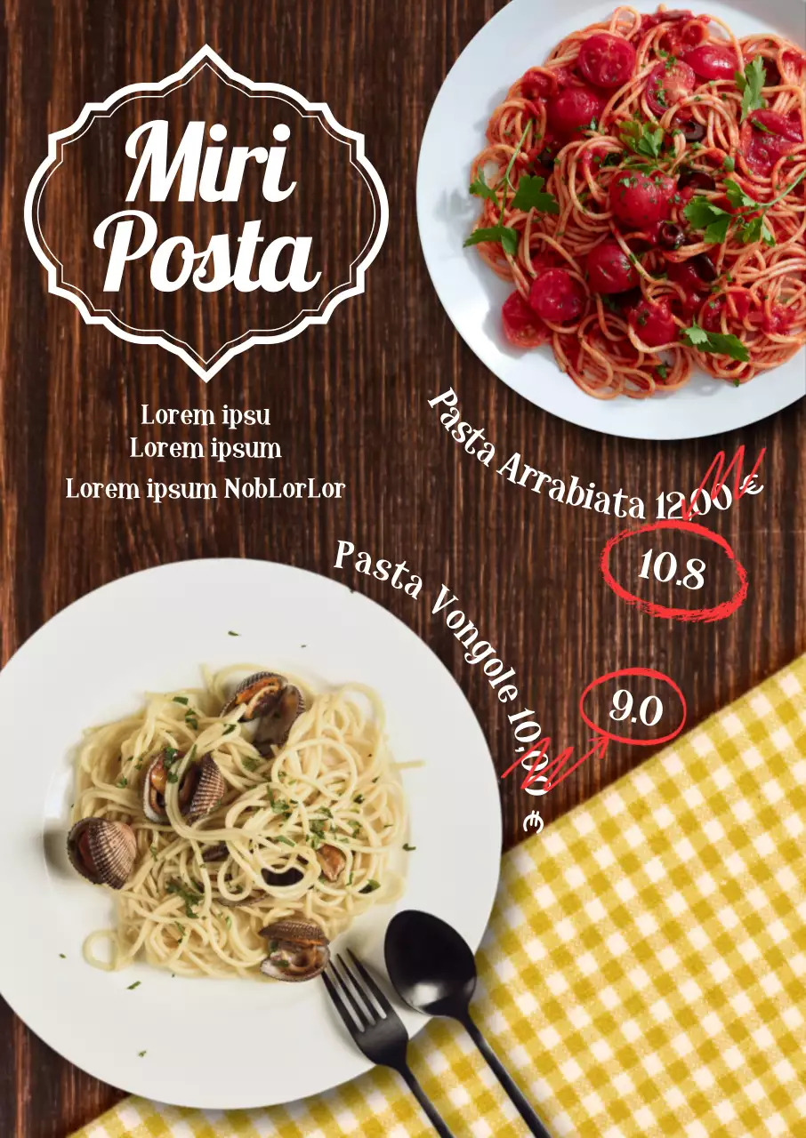 Menu di pasta in ristorante occidentale sfondo tavolo di legno con pasta foto