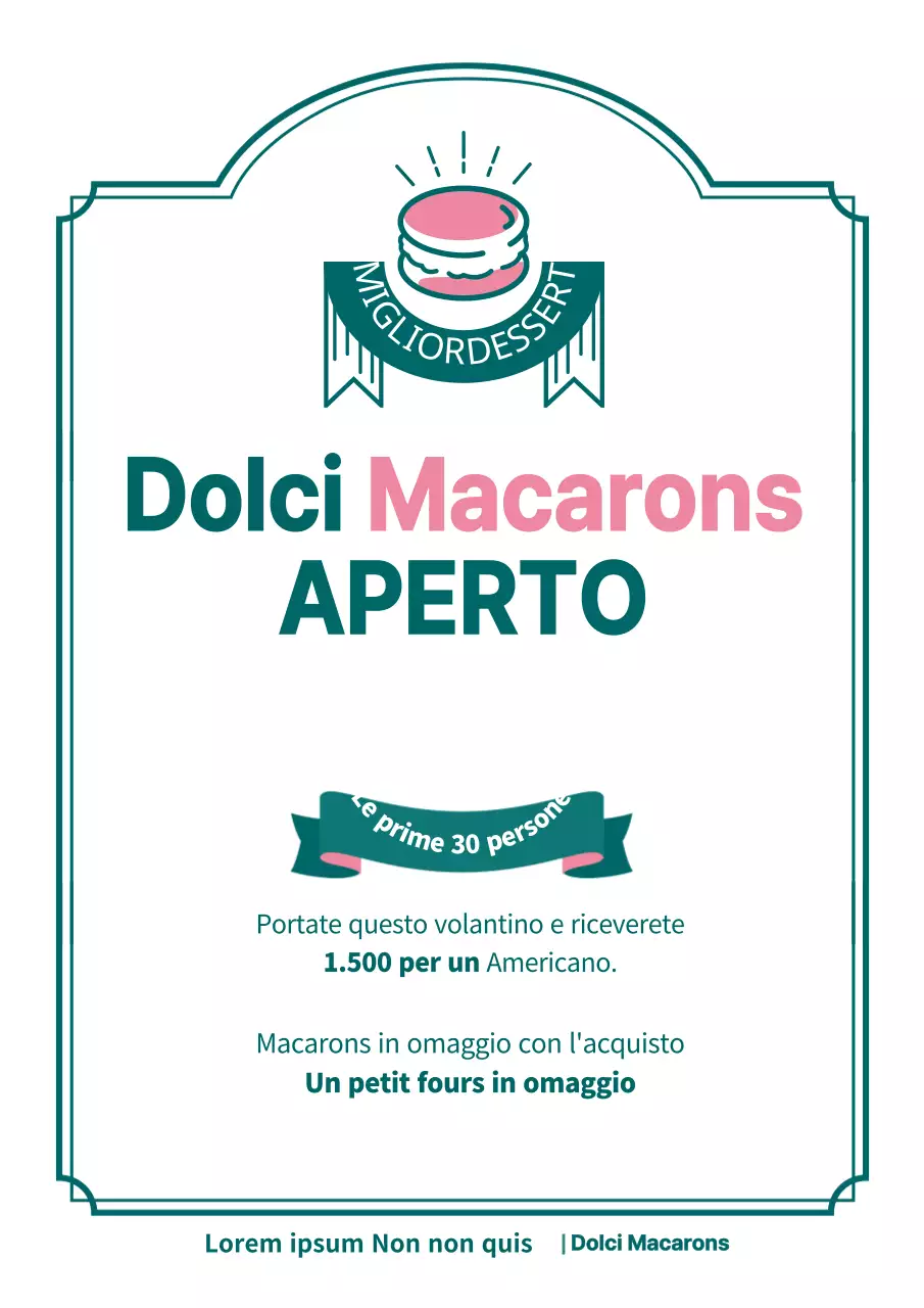 Volantino per l'inaugurazione di un caffè macaron in verde e rosa