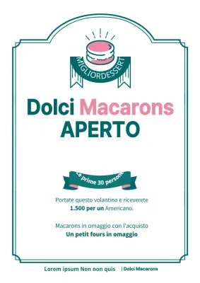 Volantino per l'inaugurazione di un caffè macaron in verde e rosa