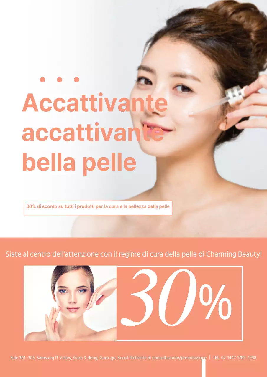 Semplice volantino arancione che promuove un evento di sconti per un marchio di prodotti per la cura della pelle