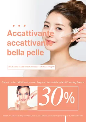 Semplice volantino arancione che promuove un evento di sconti per un marchio di prodotti per la cura della pelle