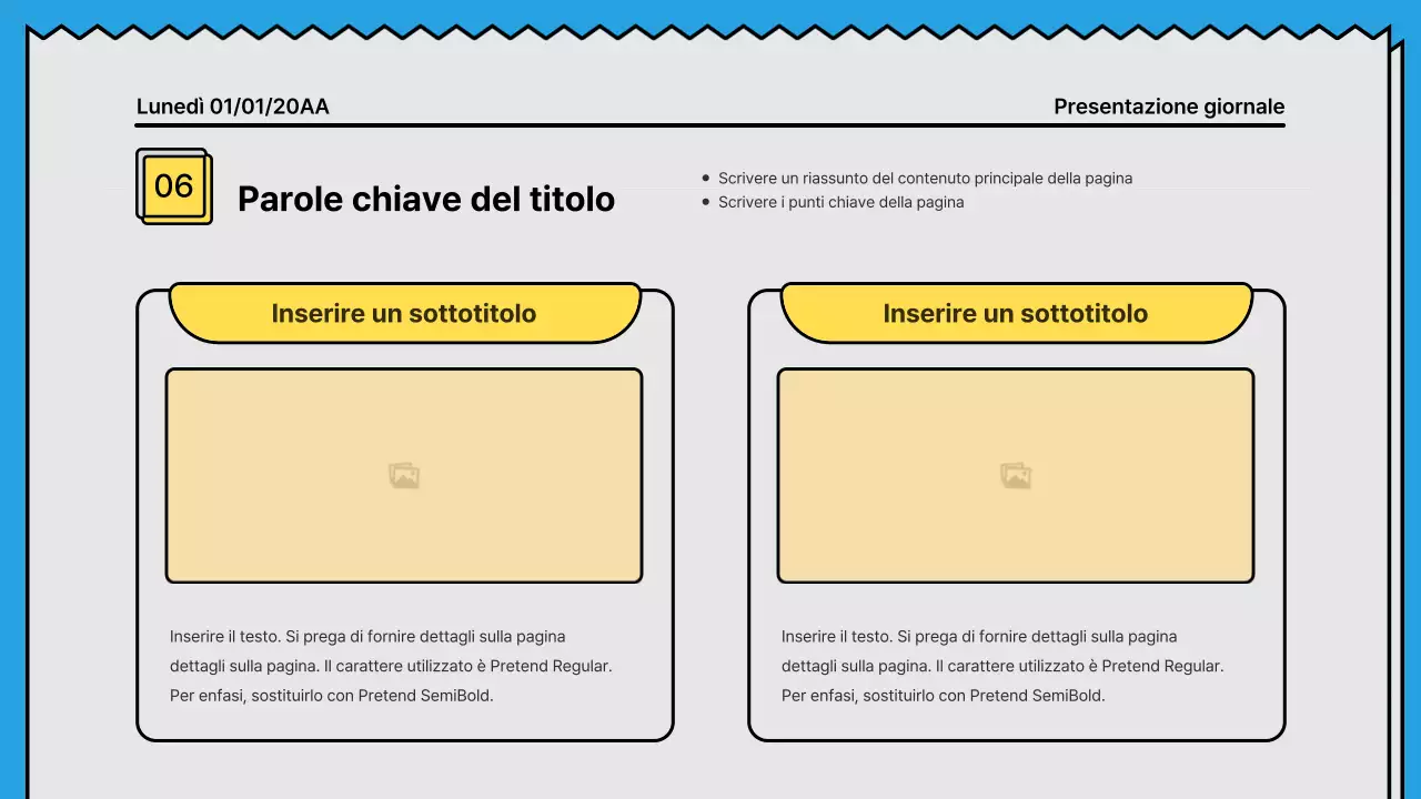 Linee decise e presentazione che attira l'attenzione in un concetto di giornale con accenti di giallo e azzurro