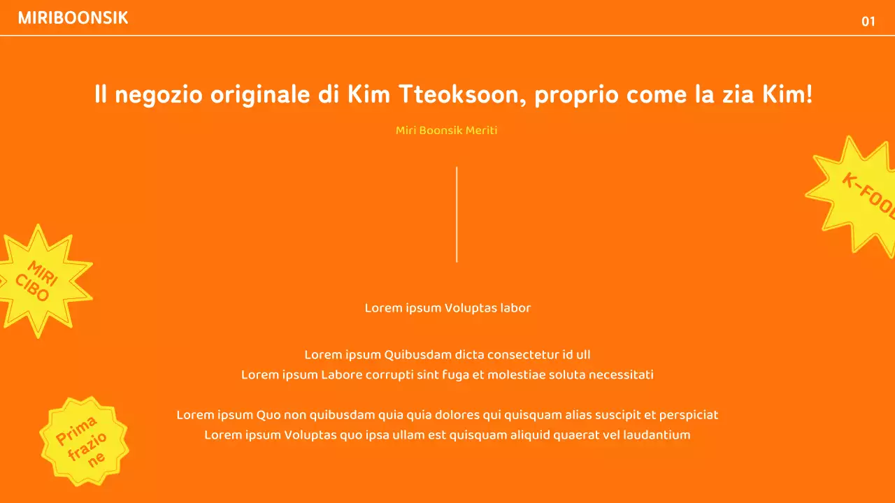 Profilo dell'azienda di catering con accenti di colore arancione e giallo e layout delle foto