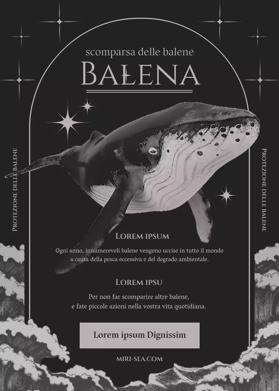 Un sognante appello all'azione per le balene in grigio e nero