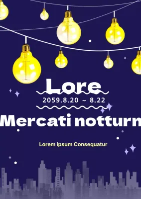 Promuovere un mercato notturno con lampadine blu navy e gialle e un'illustrazione di una città di notte