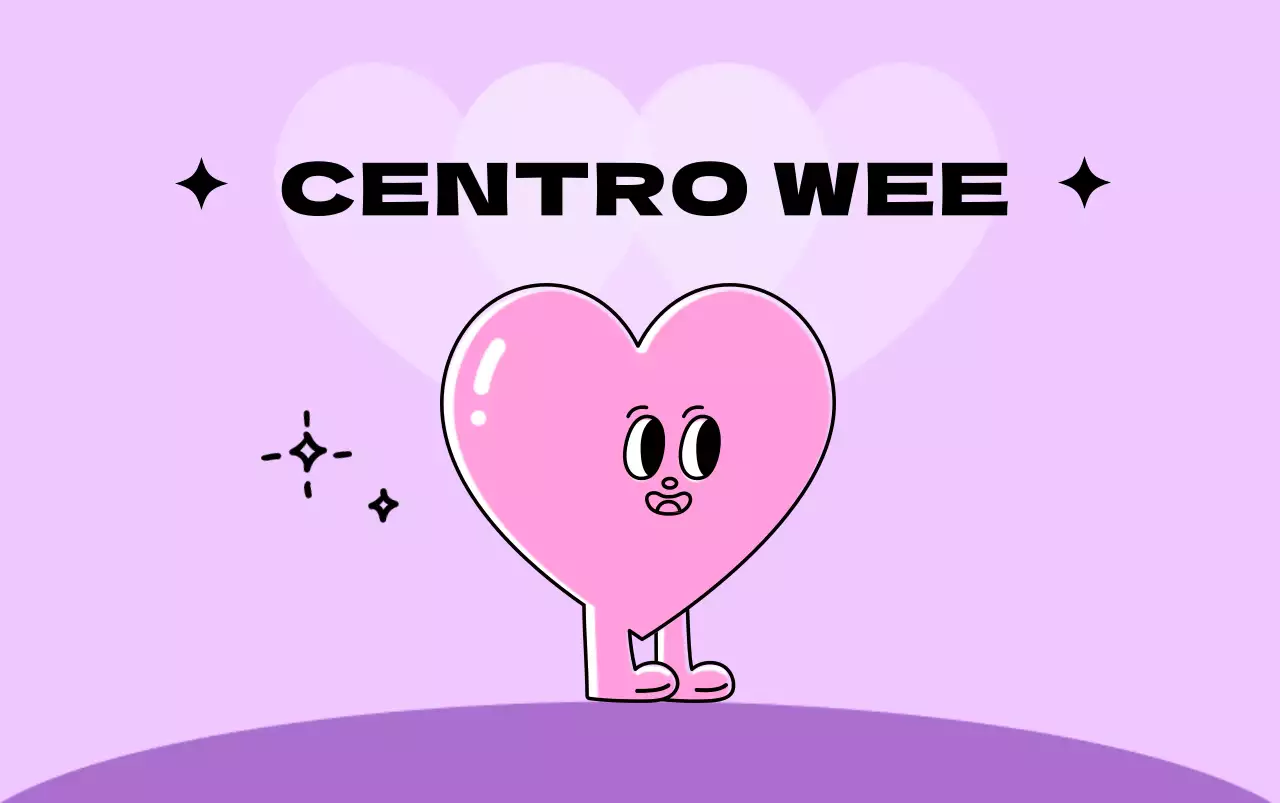 Centro giovanile pubblico con simpatici personaggi a forma di cuore in rosa e viola