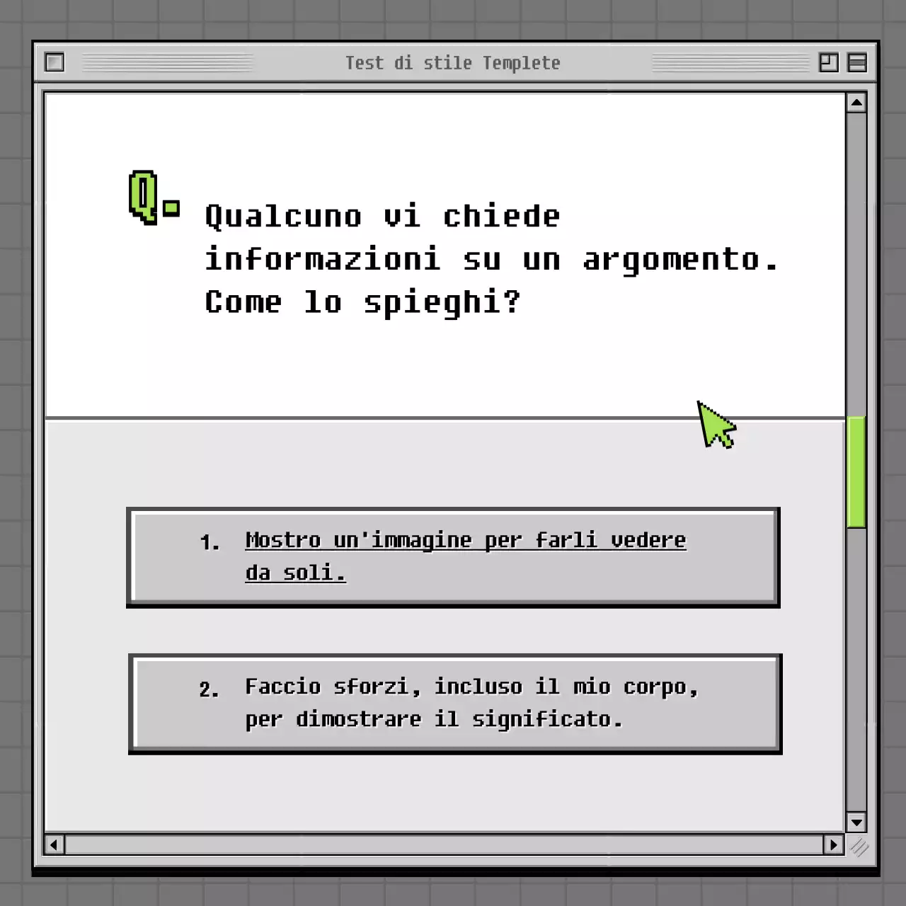 Test di psicologia con concetto di browser retrò in grigio e verde