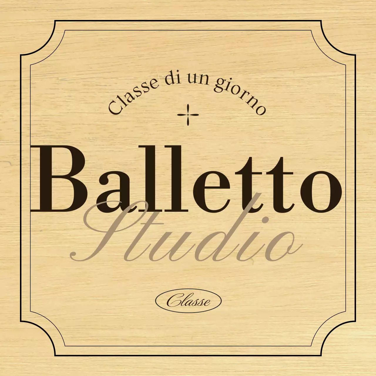 Classica insegna di una scuola di danza classica con testo e illustrazioni in nero e marrone.