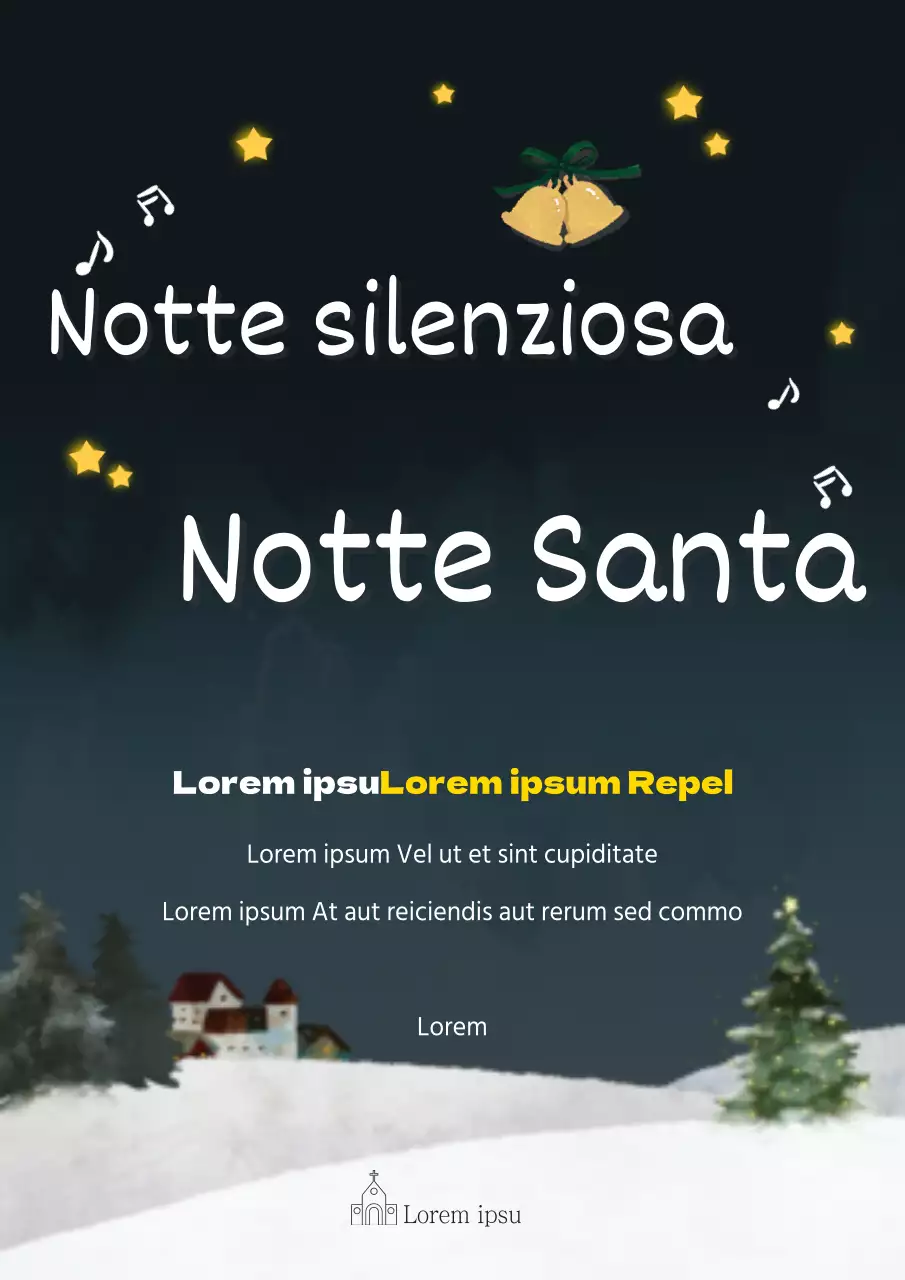 Promuovete l'evento natalizio di una chiesa con un'illustrazione di una scena notturna innevata di colore blu navy.