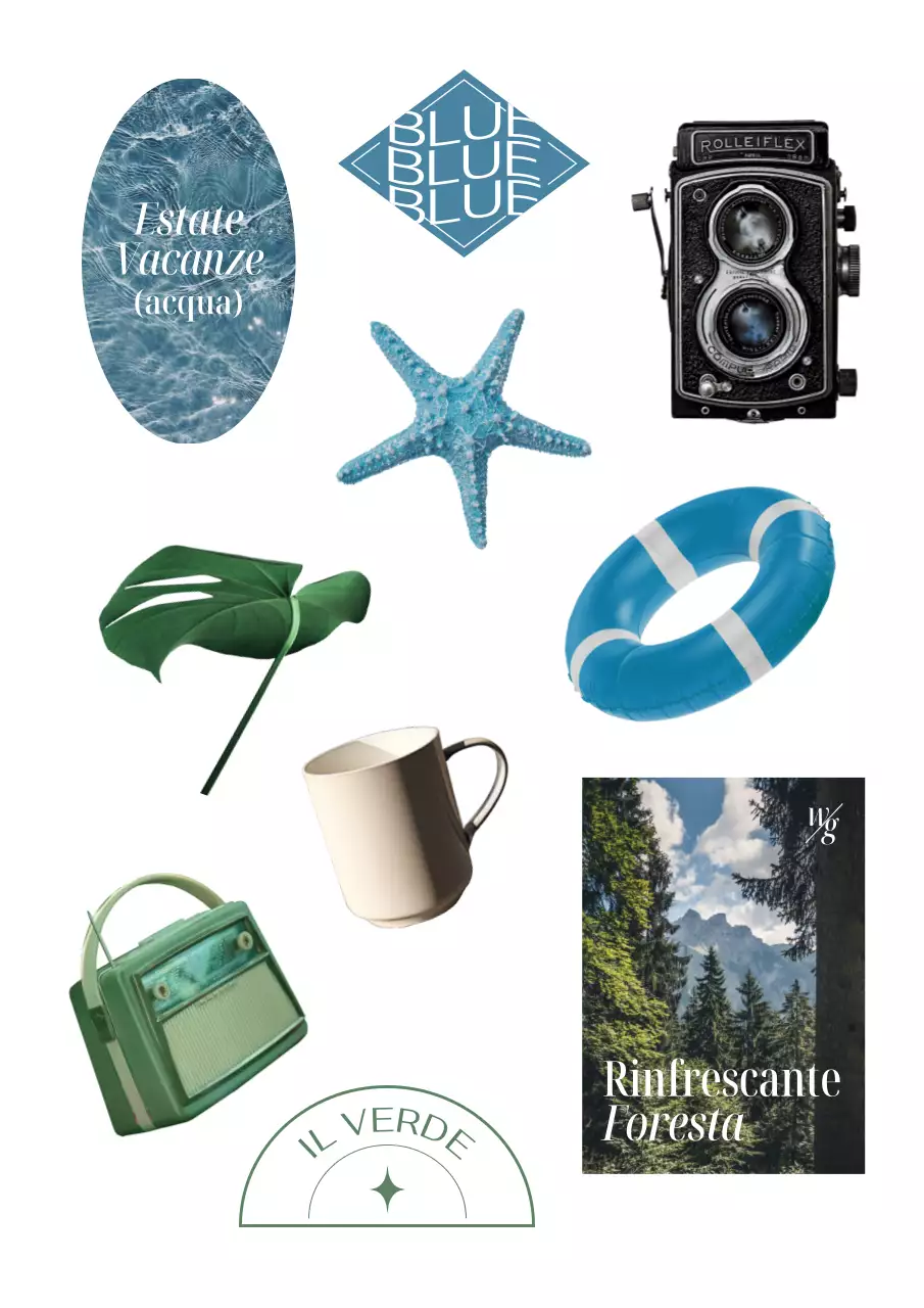 Merchandising con foto reali di vari oggetti in blu e verde.