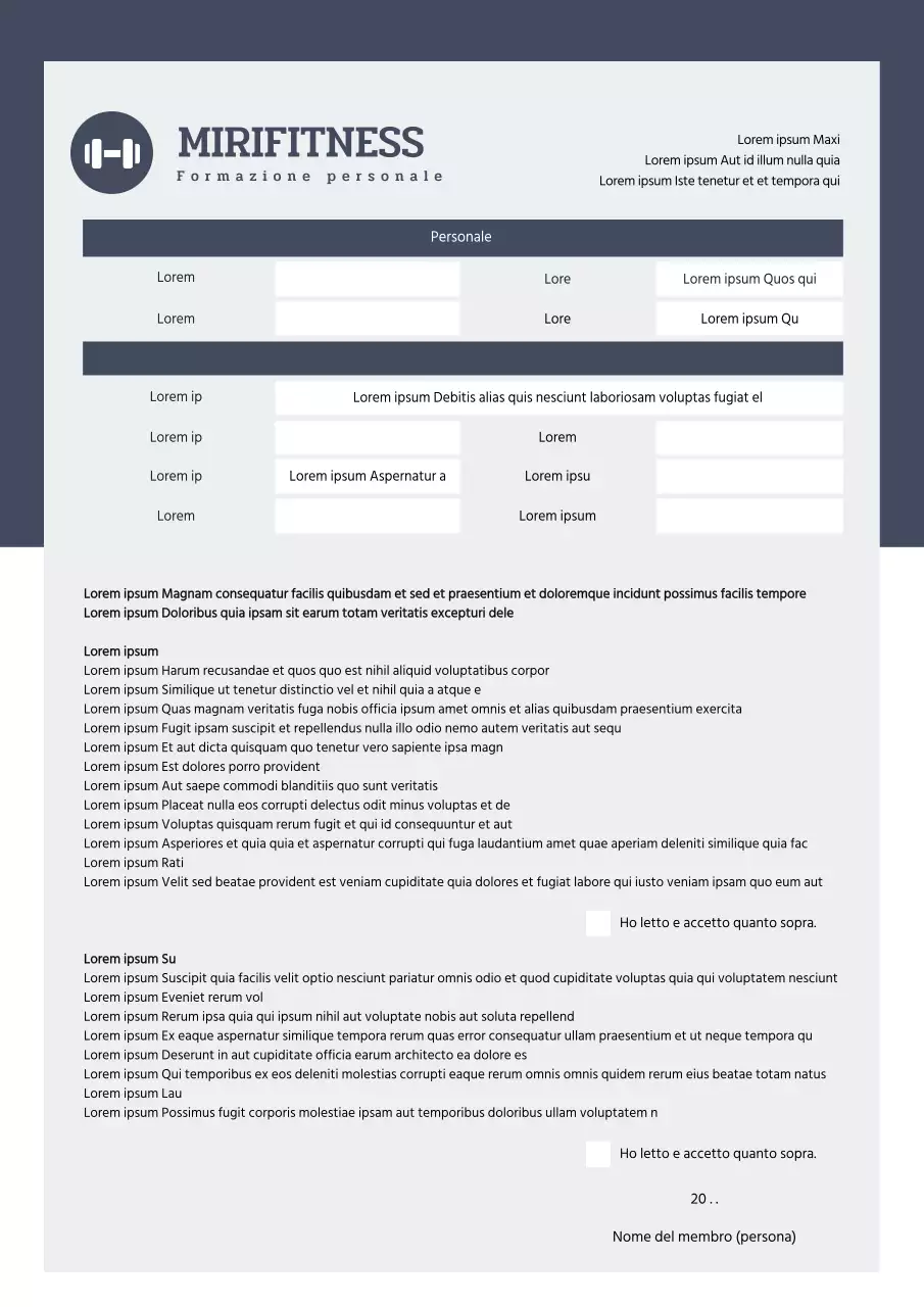 Il modulo di iscrizione al grey fitness