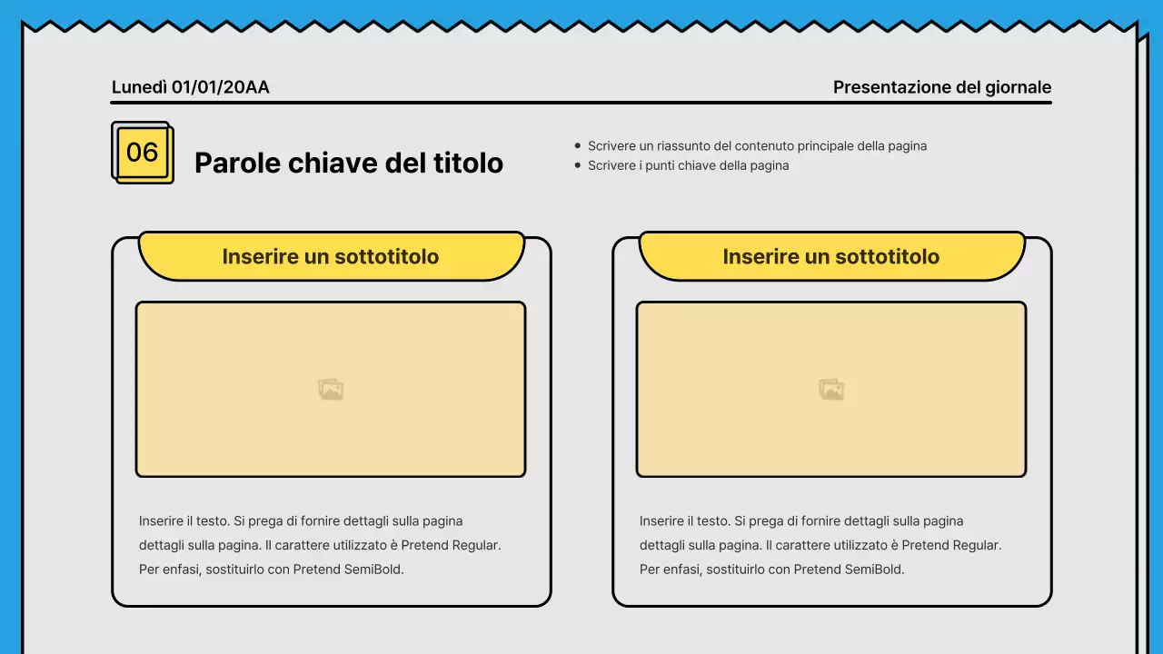 Linee decise e presentazione che attira l'attenzione in un concetto di giornale con accenti di giallo e azzurro