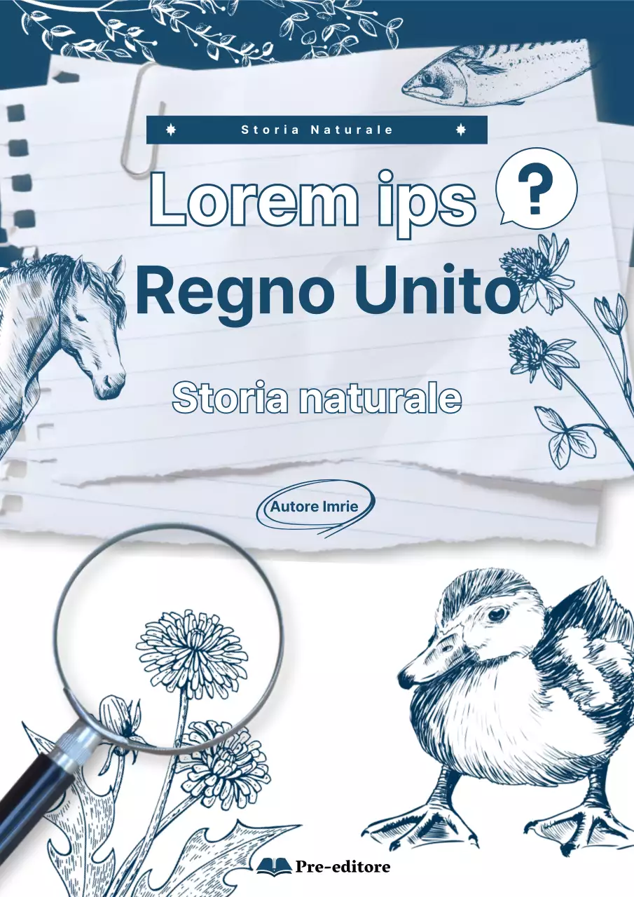 Copertina del libro con disegni al tratto di flora e fauna in blu navy.