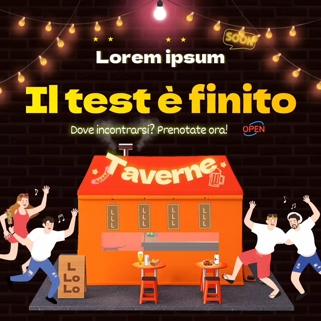 Una taverna in mattoni neri con luci al neon scintillanti su una base di mattoni neri Booking Social media